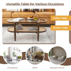 Tangkula 2-Tier Acacia Wood Coffee Table Mid-Century Modern Rectangular Center Table With Glass Tabletop And Imitation Rattan Storage Shelf -Tangkula Shop GUEST 9e62a0f1 fdee 43b6 b432 dba07ea231ca