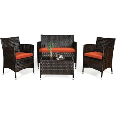 Tangkula 4-Piece Patio Rattan Furniture Set with Orange Cushions 10 Tangkula 4-Piece Patio Rattan Furniture Set with Orange Cushions - Image 10