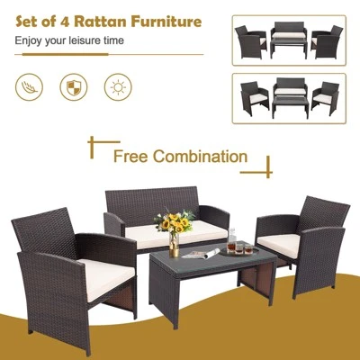 Tangkula 4-Piece Outdoor Rattan Patio Furniture Set with Cushions 4 Tangkula 4-Piece Outdoor Rattan Patio Furniture Set with Cushions - Image 4