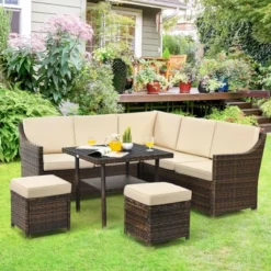 Tangkula 6-Piece All-Weather Rattan Sectional Sofa Set with Dining Table