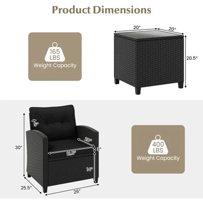 Tangkula 3 Piece Patio Furniture Set, Rattan Conversation Set W/Soft Seat & Back Cushions, Tempered Glass Topped Coffee Table Black 8 Tangkula 3 Piece Patio Furniture Set, Rattan Conversation Set W/Soft Seat & Back Cushions, Tempered Glass Topped Coffee Table Black - Image 8