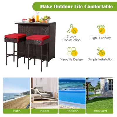 Tangkula 3PCS Patio Wicker Rattan Bar Set Table W/2 Cushioned Stools 4 Tangkula 3PCS Patio Wicker Rattan Bar Set Table W/2 Cushioned Stools - Image 4