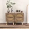 Tangkula Rattan Nightstand Set Of 2 End Side Table With 2 Rattan Drawers Pine Wood Legs Wood Accent Table