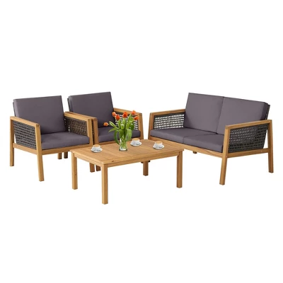 Tangkula 4PCS Patio Acacia Wood Furniture Set PE Rattan Conversation Set W/ Grey Cushions 9 Tangkula 4PCS Patio Acacia Wood Furniture Set PE Rattan Conversation Set W/ Grey Cushions - Image 9