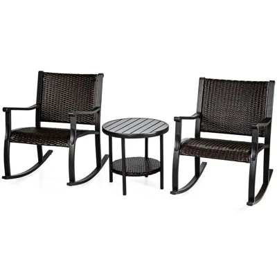 Tangkula 3-Piece Outdoor Wicker Rocking Bistro Set with Coffee Table 5 Tangkula 3-Piece Outdoor Wicker Rocking Bistro Set with Coffee Table - Image 5