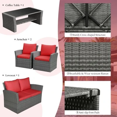 Tangkula 4-Piece Rattan Wicker Patio Outdoor Furniture Sofa Set With Cushions & Tempered Glass Table 6 Tangkula 4-Piece Rattan Wicker Patio Outdoor Furniture Sofa Set With Cushions & Tempered Glass Table - Image 6