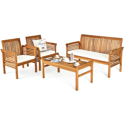 Tangkula 4-Piece Patio Acacia Wood Sofa Set Conversation Table Chairs With Beige Cushions 9 Tangkula 4-Piece Patio Acacia Wood Sofa Set Conversation Table Chairs With Beige Cushions - Image 9