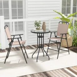 Tangkula 3PCS Bistro Set Folding Chairs Round Bar Table W/ 1.6" Umbrella Hole Yard Patio