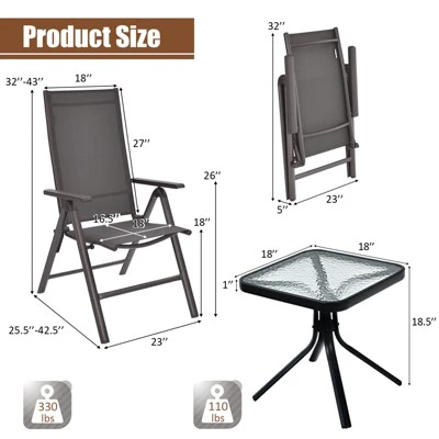 Tangkula 3PCS Patio Bistro Set Outdoor Dining Furniture Set W/2 Folding Chairs & Tempered Glass Table 2 Tangkula 3PCS Patio Bistro Set Outdoor Dining Furniture Set W/2 Folding Chairs & Tempered Glass Table - Image 2