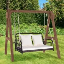 Tangkula 2-Person Wicker Porch Swing Outdoor Patio Hanging Chair with Cushions