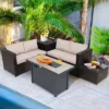Tangkula 5PCS Patio Rattan Furniture Set Fire Pit Table W/ Cover Storage Cushion