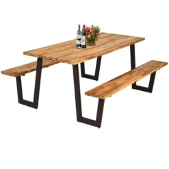 Tangkula 70-Inch Acacia Wood Outdoor Picnic Table and Bench Set with Umbrella Hole