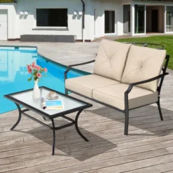 Tangkula 2-Piece Patio Loveseat and Coffee Table Set - Outdoor Cushioned Sofa