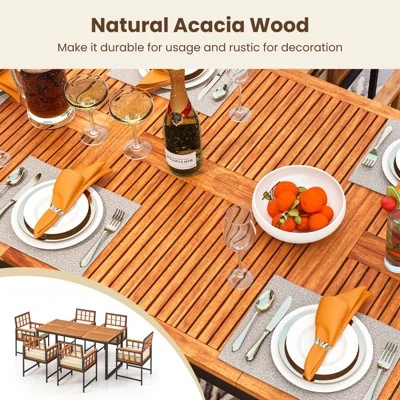 Tangkula 7-Piece Outdoor Dining Set with Acacia Wood Table and 6 Cushioned Armchairs 1 Tangkula 7-Piece Outdoor Dining Set with Acacia Wood Table and 6 Cushioned Armchairs