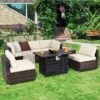Tangkula 7PCS Patio Rattan Furniture Set 42" Fire Pit Table W/ Cover Cushioned