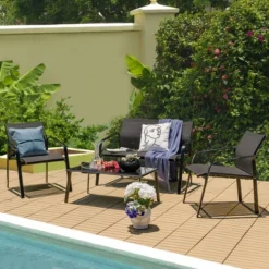 Tangkula 4PCS Patio Conversation Futniture Set W/ Fabric And Anti-Rust Steel Frame