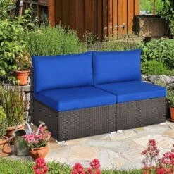 Tangkula 2-Piece Outdoor Rattan Sectional Armless Sofa Set with Plush Cushions
