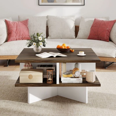 Tangkula 2-Tier Square Coffee Table W/ Storage Farmhouse Modern Accent Table Center Table 2 Tangkula 2-Tier Square Coffee Table W/ Storage Farmhouse Modern Accent Table Center Table - Image 2