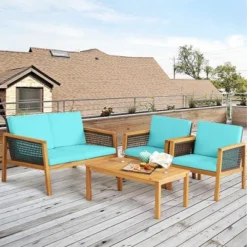 Tangkula 4PCS Patio Acacia Wood Furniture Set PE Rattan Conversation Set W/ Turquoise Cushions 10 Tangkula 4PCS Patio Acacia Wood Furniture Set PE Rattan Conversation Set W/ Turquoise Cushions -Tangkula Shop GUEST a5ad5d85 7f69 4689 ab7d e3fda82c5a0d