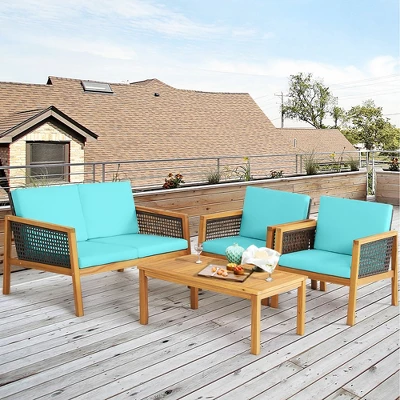 Tangkula 4PCS Patio Acacia Wood Furniture Set PE Rattan Conversation Set W/ Turquoise Cushions 3 Tangkula 4PCS Patio Acacia Wood Furniture Set PE Rattan Conversation Set W/ Turquoise Cushions - Image 3