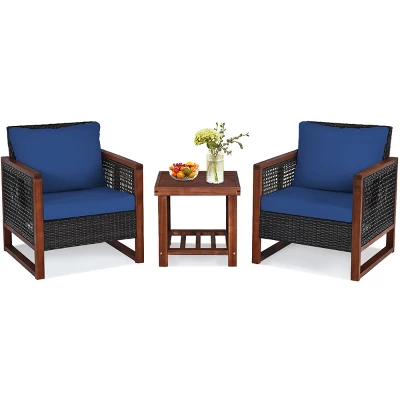 Tangkula 3PCS Patio Rattan Bistro Set Acacia Wood Frame Cushioned Sofa And Side Table 6 Tangkula 3PCS Patio Rattan Bistro Set Acacia Wood Frame Cushioned Sofa And Side Table - Image 6