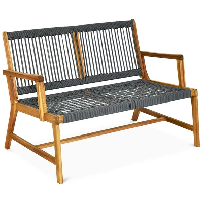 Tangkula 2-Person Outdoor Acacia Wood Bench Patio Loveseat Rope Bench Grey 3 Tangkula 2-Person Outdoor Acacia Wood Bench Patio Loveseat Rope Bench Grey - Image 3