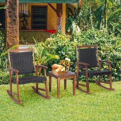 Tangkula 3 PCS Patio Rattan Bistro Set Outdoor Rocking Chairs & Table Set Rustic Brown 2 Tangkula 3 PCS Patio Rattan Bistro Set Outdoor Rocking Chairs & Table Set Rustic Brown - Image 2