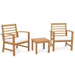 Tangkula 3PCS Furniture Set Acacia Wood Conversation Set W/ Soft Seat Cushions Outdoor White -Tangkula Shop GUEST a6740069 0447 4169 a8b0 ee993a9df194