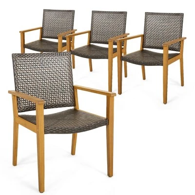 Tangkula Outdoor Rattan Chair Set Of 4 Patio PE Wicker Dining Chairs W/ Sturdy Acacia Wood Frame 9 Tangkula Outdoor Rattan Chair Set Of 4 Patio PE Wicker Dining Chairs W/ Sturdy Acacia Wood Frame - Image 9