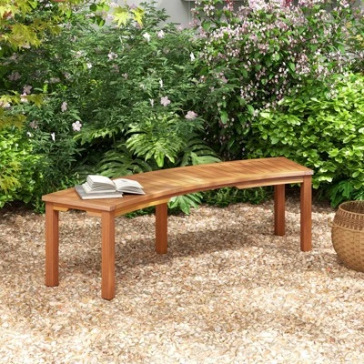 Tangkula Outdoor Curved Bench Set Of 2 Acacia Wood Fire Pit Bench W/Slatted Seat Patio Backless 2-Person Seating For Porch Yard 3 Tangkula Outdoor Curved Bench Set Of 2 Acacia Wood Fire Pit Bench W/Slatted Seat Patio Backless 2-Person Seating For Porch Yard - Image 3