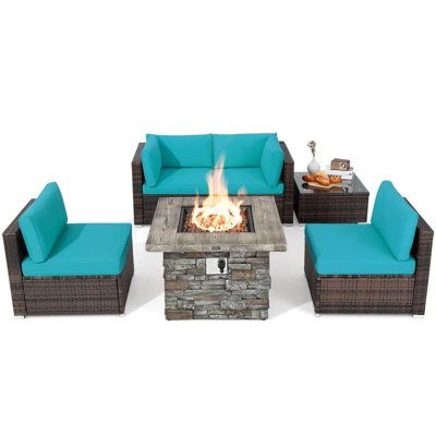Tangkula Patio Rattan 6PCS Cushioned Sofa Set Furniture Set Thick Cushion With 34.5" Fire Pit Table For Garden Black/Blue/Red/Turquoise/Off White 11 Tangkula Patio Rattan 6PCS Cushioned Sofa Set Furniture Set Thick Cushion With 34.5" Fire Pit Table For Garden Black/Blue/Red/Turquoise/Off White - Image 11