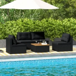 Tangkula 5 Piece Outdoor Rattan Furniture Set with Acacia Wood Tabletop