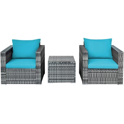 Tangkula 3PCS Rattan Patio Conversation Furniture Set Outdoor Yard W/ Turquoise Cushion 10 Tangkula 3PCS Rattan Patio Conversation Furniture Set Outdoor Yard W/ Turquoise Cushion - Image 10