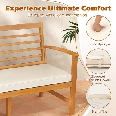 Tangkula 64" Acacia Wood 3-Seat Patio Bench with Off-White Cushion 6 Tangkula 64" Acacia Wood 3-Seat Patio Bench with Off-White Cushion - Image 6