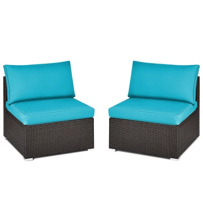 Tangkula 2PCS Patio Wicker Rattan Sectional Armless Chair Sofa W/ Turquoise Cushion 1 Tangkula 2PCS Patio Wicker Rattan Sectional Armless Chair Sofa W/ Turquoise Cushion