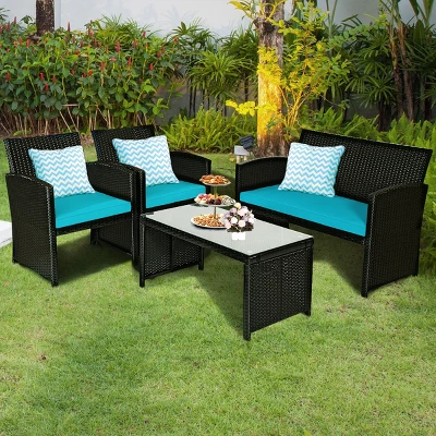 Tangkula 4 Piece Outdoor Patio Rattan Furniture Set Turquoise Cushioned Seat For Garden, Porch, Lawn 2 Tangkula 4 Piece Outdoor Patio Rattan Furniture Set Turquoise Cushioned Seat For Garden, Porch, Lawn - Image 2