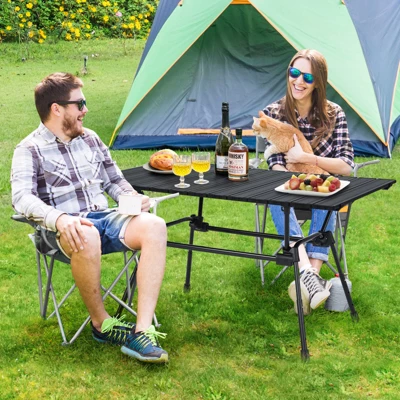 Tangkula Folding Camping Table Collapsible Aluminum Roll Up Beach Table With Carrying Bag 4-Level Adjustable Height Dark/Silver 1 Tangkula Folding Camping Table Collapsible Aluminum Roll Up Beach Table With Carrying Bag 4-Level Adjustable Height Dark/Silver