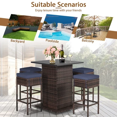 Tangkula Tangkula 5PCS Patio Bar Set Rattan Bar Furniture Set W/ Table & 4 Cushioned Stools Navy 7 Tangkula Tangkula 5PCS Patio Bar Set Rattan Bar Furniture Set W/ Table & 4 Cushioned Stools Navy - Image 7
