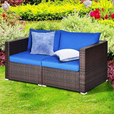 Tangkula 4PCS Rattan Corner Sofa Set Patio Outdoor Furniture Set W/ Navy Cushions 1 Tangkula 4PCS Rattan Corner Sofa Set Patio Outdoor Furniture Set W/ Navy Cushions