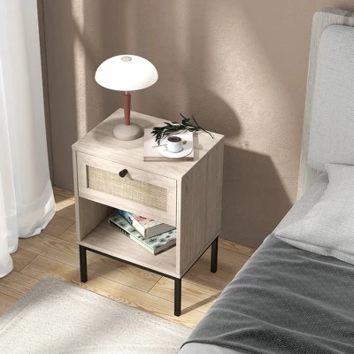 Tangkula 2PCS Rattan Nightstand Boho End Table W/ Drawer & Open Shelf For Living Room Oak 4 Tangkula 2PCS Rattan Nightstand Boho End Table W/ Drawer & Open Shelf For Living Room Oak - Image 4
