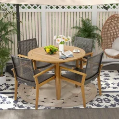 Tangkula Outdoor Rattan Chair Set Of 4 Patio PE Wicker Dining Chairs W/ Sturdy Acacia Wood Frame