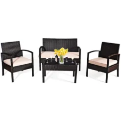 Tangkula 4PCS Conversation Wicker Set Patio Rattan Table&Cushioned Chair