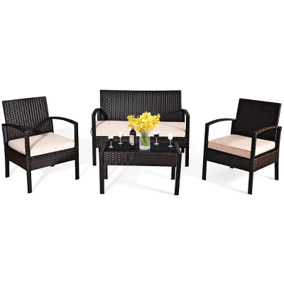 Tangkula 4PCS Conversation Wicker Set Patio Rattan Table&Cushioned Chair 1 Tangkula 4PCS Conversation Wicker Set Patio Rattan Table&Cushioned Chair