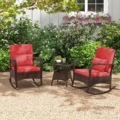 Tangkula 3 Piece Outdoor Rocking Set Rattan Rocker Chairs W/ Tempered Glass Coffee Table Red