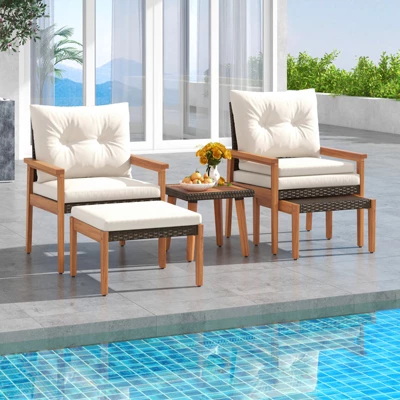 Tangkula 5 Pieces PE Rattan Patio Conversation Set Wicker Chairs With Square Coffee Table Ottomans & Soft Cushions 2 Tangkula 5 Pieces PE Rattan Patio Conversation Set Wicker Chairs With Square Coffee Table Ottomans & Soft Cushions - Image 2