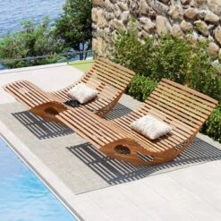 Tangkula 2-Piece Outdoor Acacia Wood Double Chaise Lounge Rocking Sunbed