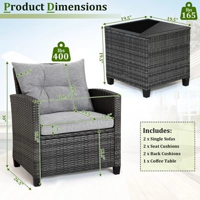 Tangkula 3-Piece Outdoor Wicker Conversation Set - Grey Rattan Patio Furniture with Tempered Glass Table 3 Tangkula 3-Piece Outdoor Wicker Conversation Set - Grey Rattan Patio Furniture with Tempered Glass Table - Image 3