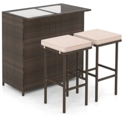 Tangkula 3 Pieces Patio Bar Set PE Wicker Outdoor Bar Table & Stools Set W/ Removable Cushions -Tangkula Shop GUEST aa225663 02c4 4440 91c2 5713957c4320
