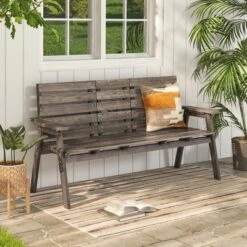 Tangkula Outdoor Fir Wood Garden Bench with Foldable Table & Slatted Design