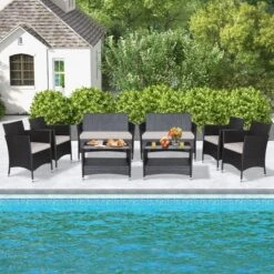 Tangkula 8-Piece Outdoor Patio Rattan Furniture Set with Coffee Tables
